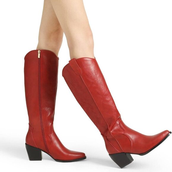 Shoes - Womens Wide Calf Cowboy Boots Leather 16 Inch Knee High Western Zipper